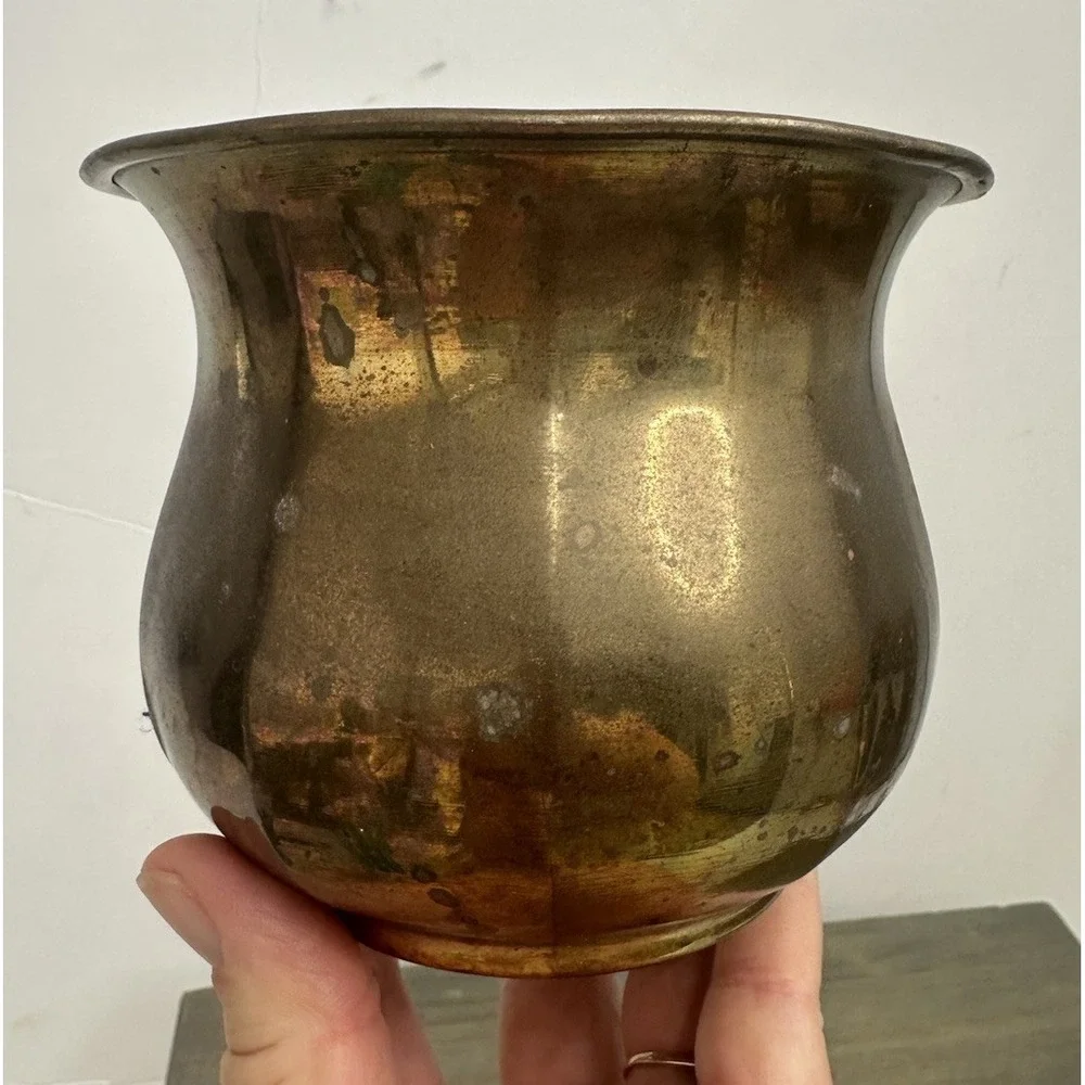 Vintage Small Solid Brass Ribbed Planter Flowerpot Home Garden Decor 4